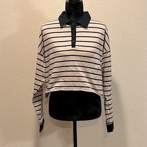 Beige Long Sleeve Crop Top w/ Black Stripes